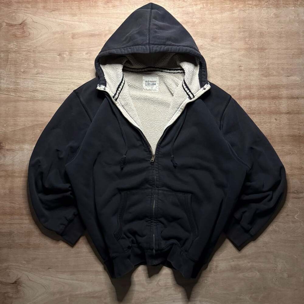 Old Navy XXL Heavyweight Sherpa Lined Zip Hoodie Black Faded Grunge